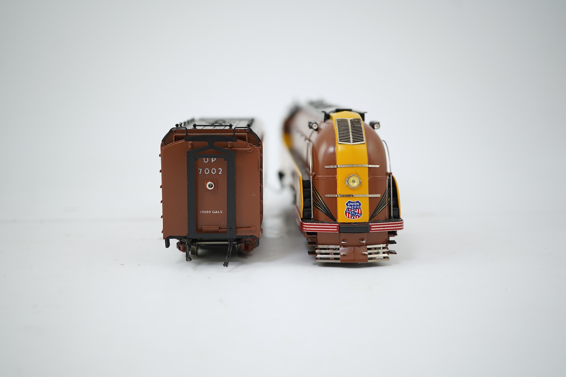 A boxed HO gauge Overland Models Inc. model of Union Pacific, 7002, streamlined 4-8-2 locomotive with bogie tender, powered for two rail operation.